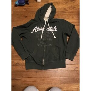 Men's Vintage Aeropostale Full Zip Hoodie Dark Green  Y2K Size Medium
